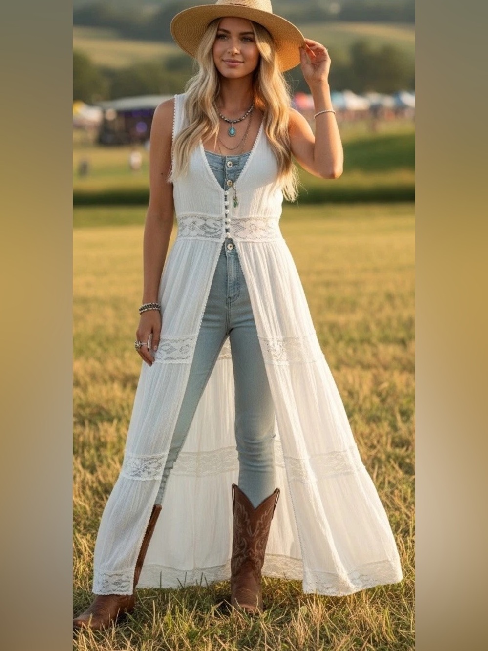 New Boho Tiered Cotton Open Maxi Duster Vest- White